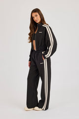 Pinstripe Taping Cropped Funnel Neck Jacket & Wide Leg Track Pant - Black
