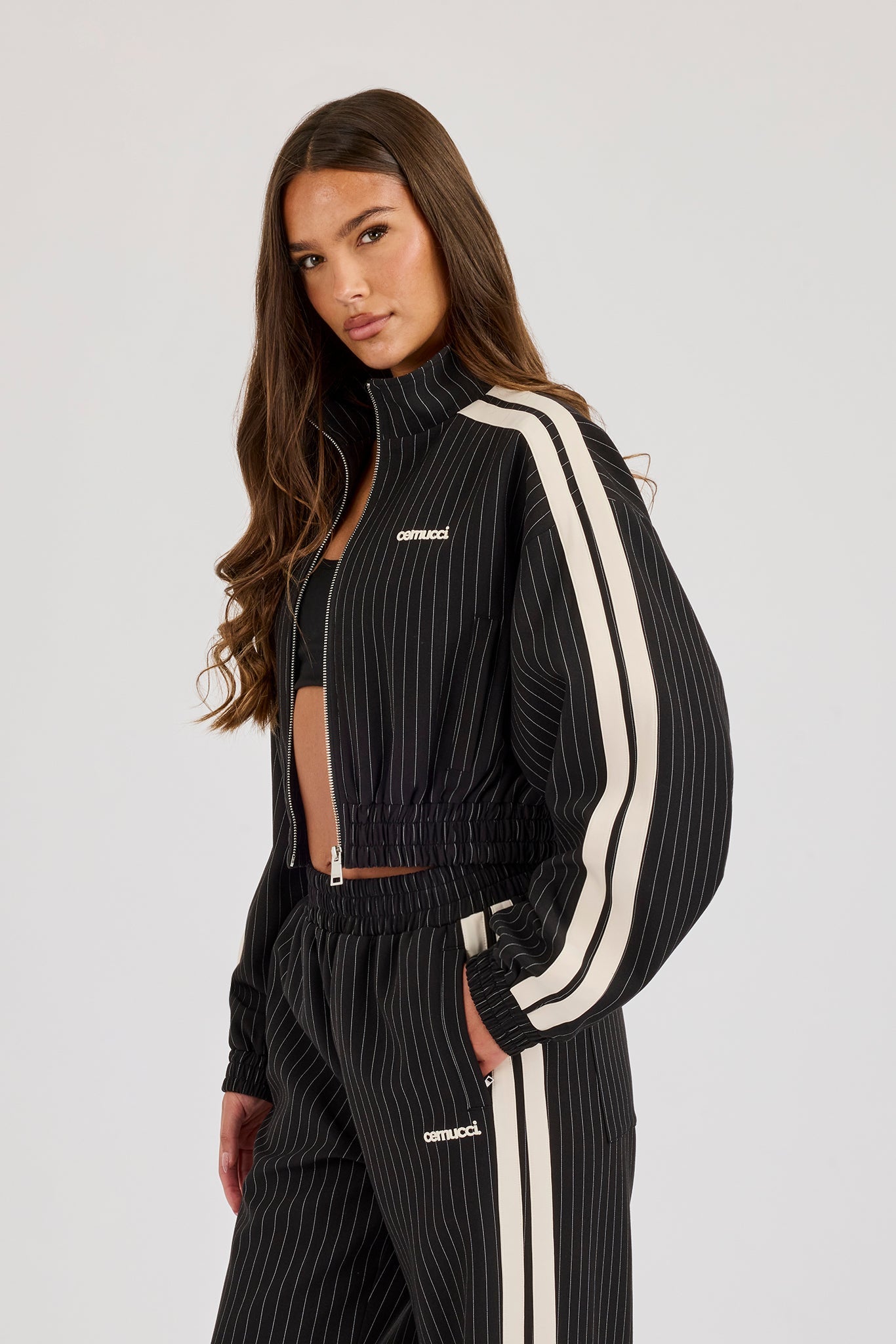 Pinstripe Taping Cropped Funnel Neck Jacket - Black