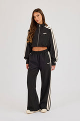 Pinstripe Taping Cropped Funnel Neck Jacket & Wide Leg Track Pant - Black