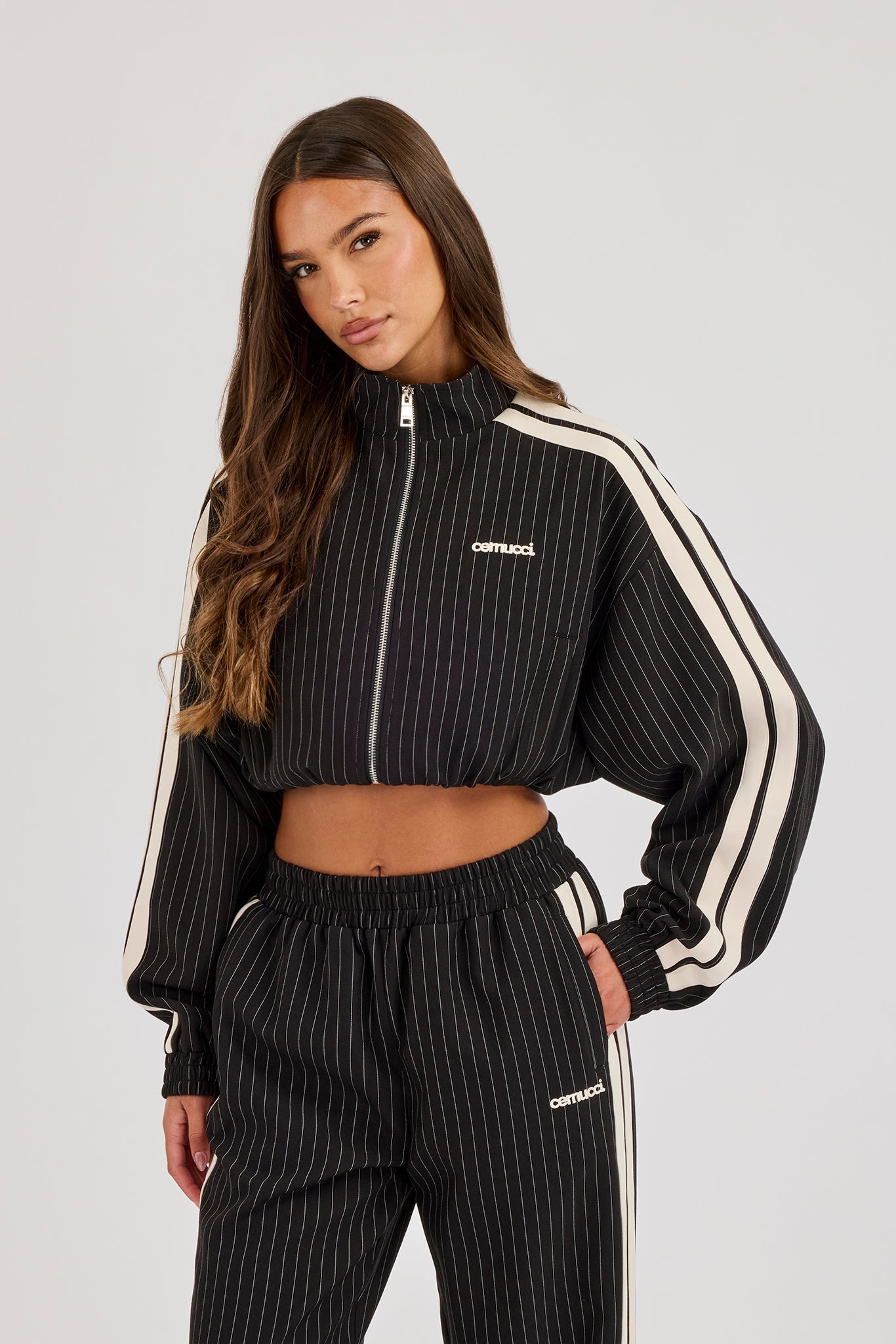 Pinstripe Taping Cropped Funnel Neck Jacket - Black