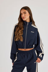 Pinstripe Taping Cropped Funnel Neck Jacket - Navy Blue