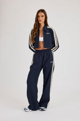 Pinstripe Taping Cropped Harrington Jacket & Wide Leg Track Pant - Navy Blue
