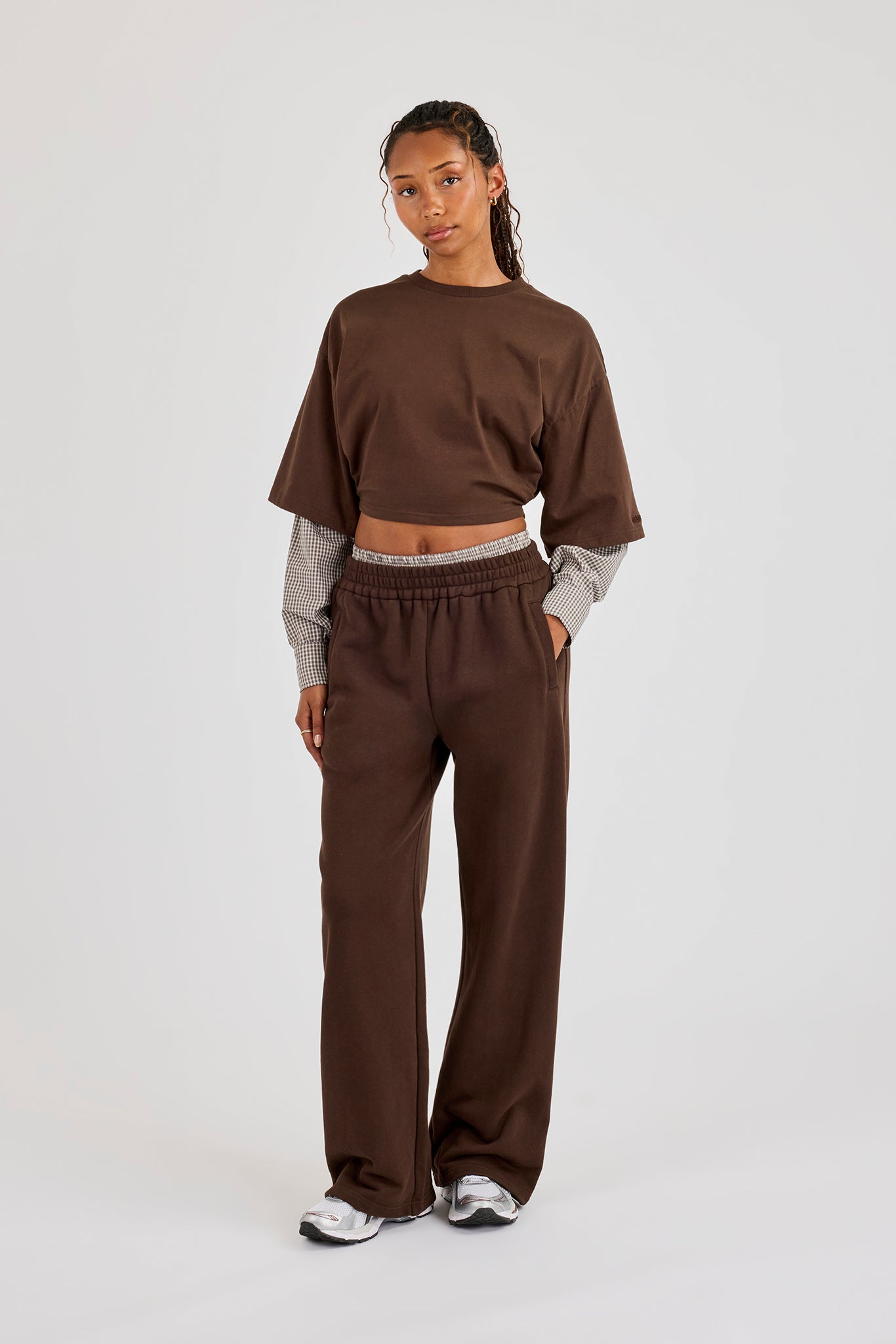 Faux Check Waistband Wide Leg Jogger - Chocolate