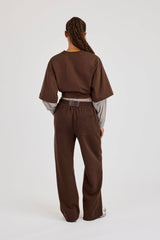 Cropped Oversized T-Shirt With Layered Shirt & Wide Leg Jogger - Chocolate