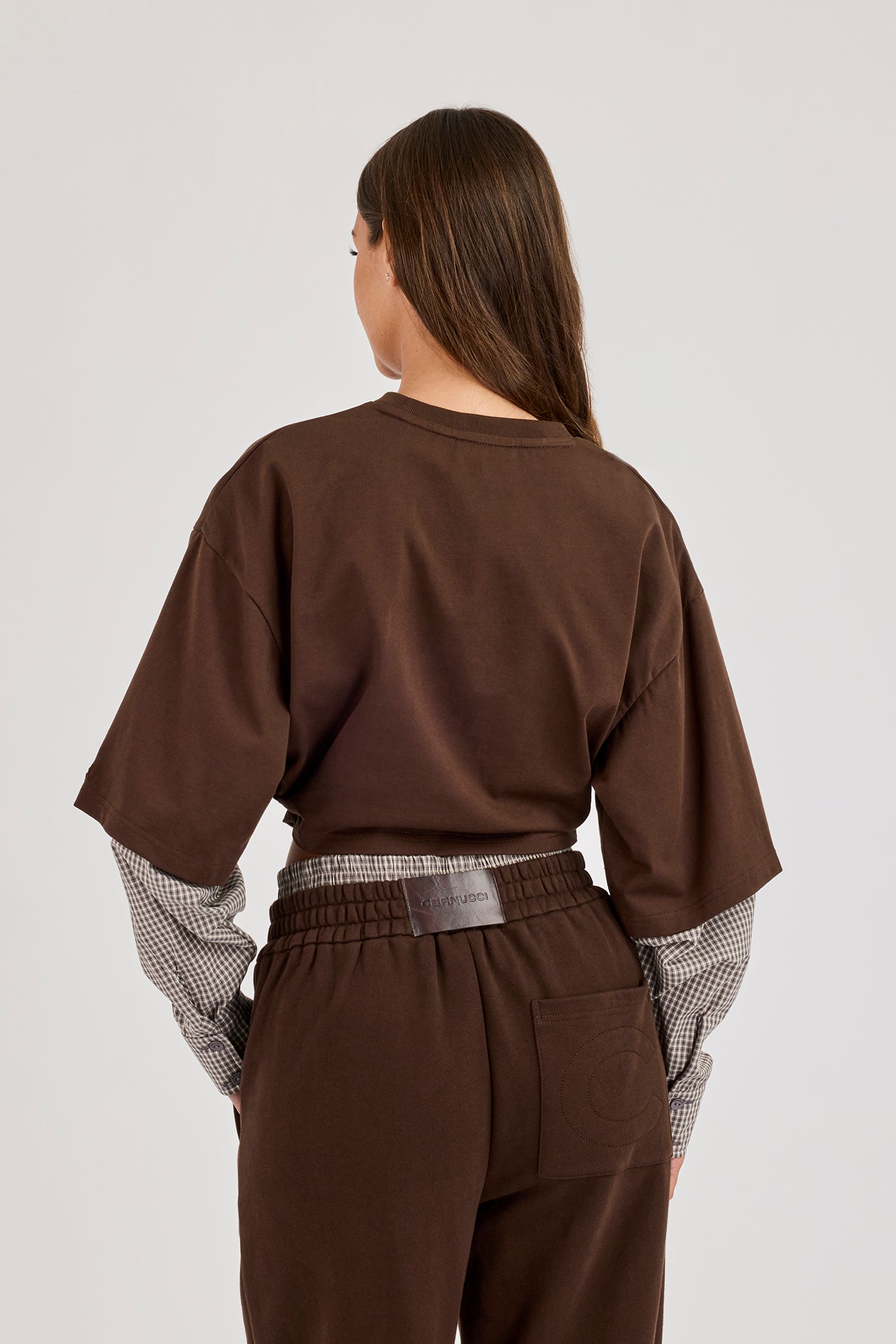 Cropped Oversized T-Shirt With Layered Shirt - Chocolate