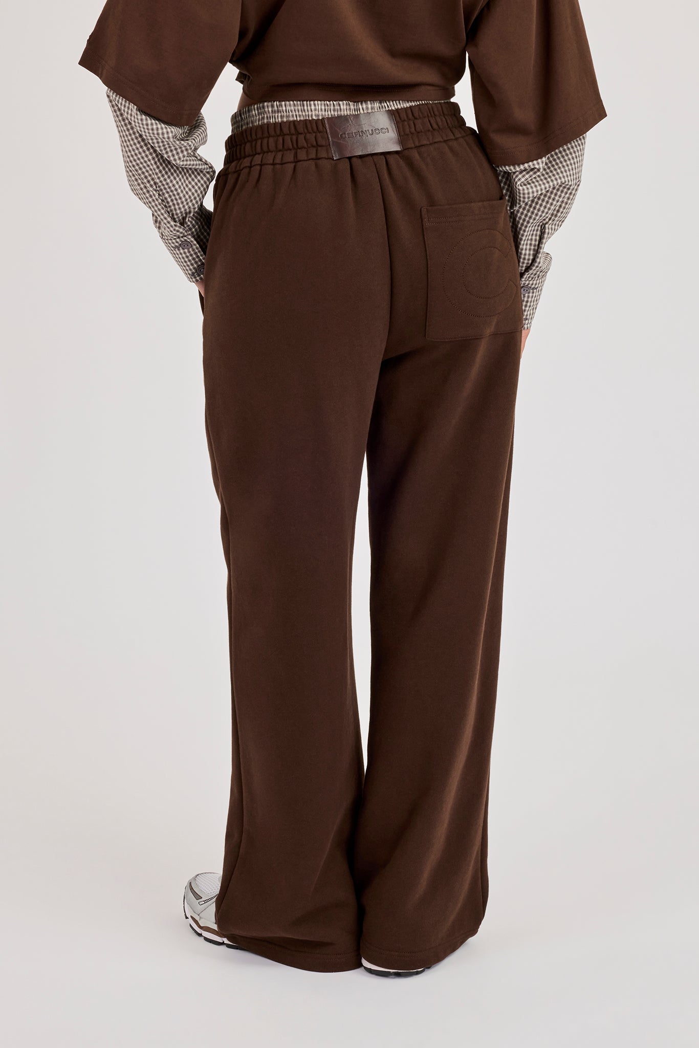 Faux Check Waistband Wide Leg Jogger - Chocolate