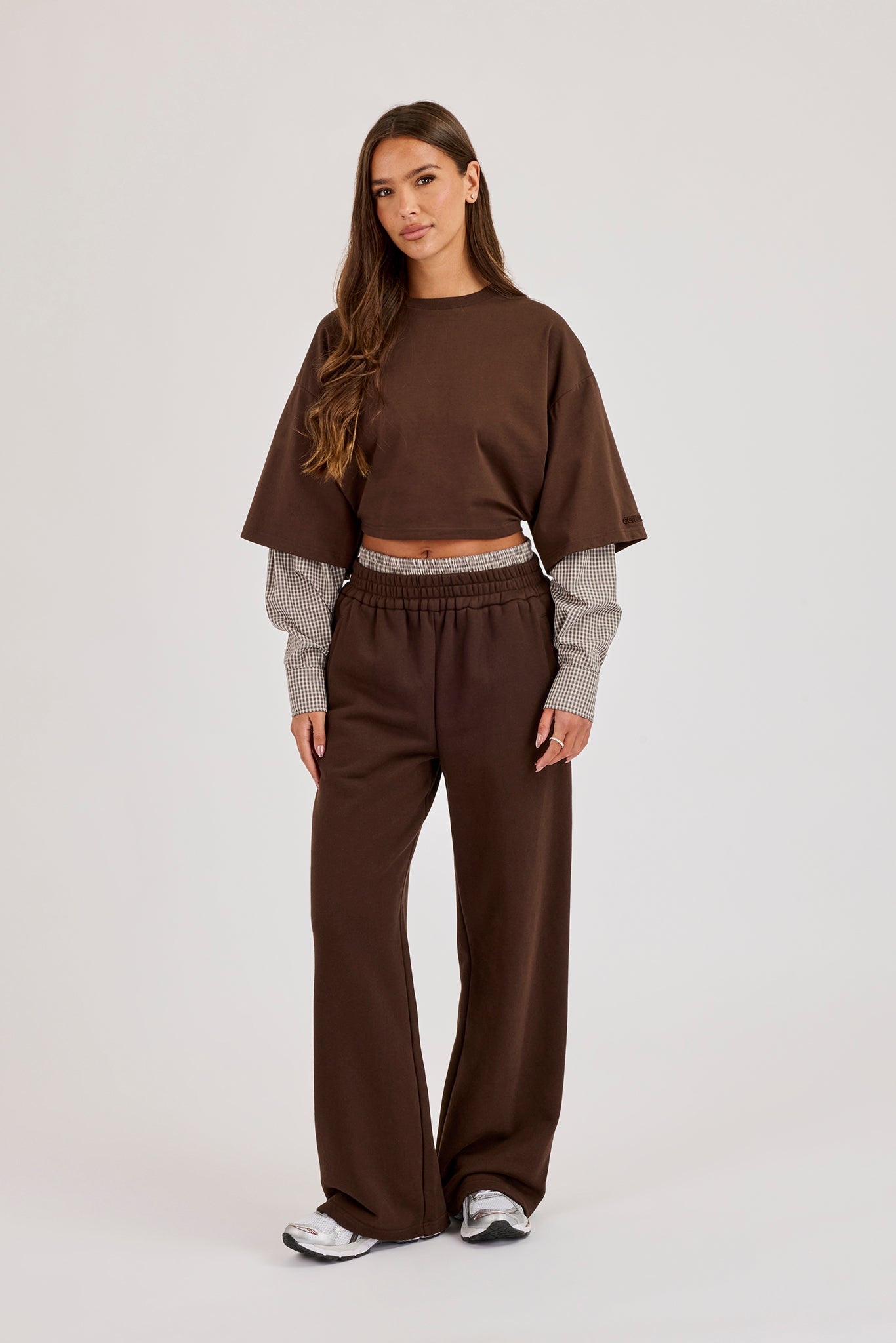 Cropped Oversized T-Shirt With Layered Shirt & Wide Leg Jogger - Chocolate