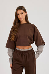 Cropped Oversized T-Shirt With Layered Shirt - Chocolate