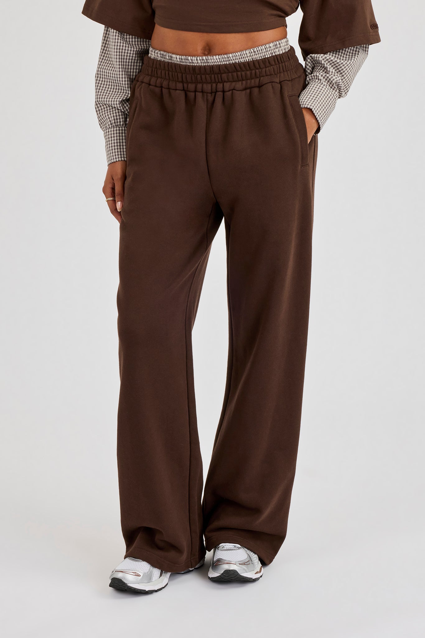 Faux Check Waistband Wide Leg Jogger - Chocolate