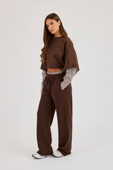 Cropped Oversized T-Shirt With Layered Shirt & Wide Leg Jogger - Chocolate