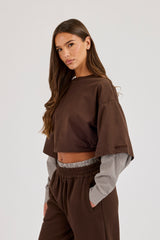 Cropped Oversized T-Shirt With Layered Shirt - Chocolate