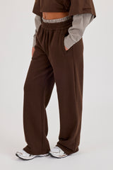 Faux Check Waistband Wide Leg Jogger - Chocolate
