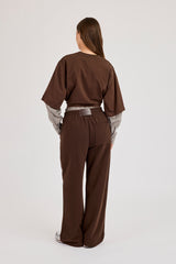 Cropped Oversized T-Shirt With Layered Shirt & Wide Leg Jogger - Chocolate