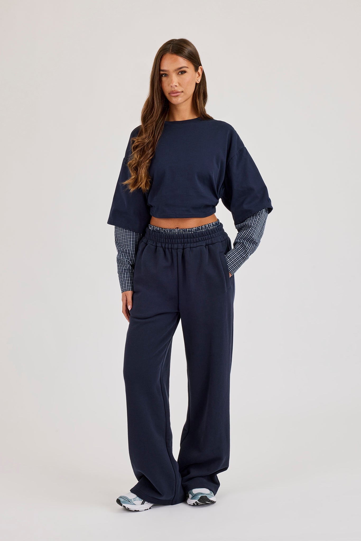Cropped Oversized T-Shirt With Layered Shirt & Wide Leg Jogger - Navy Blue
