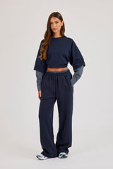 Cropped Oversized T-Shirt With Layered Shirt - Navy Blue