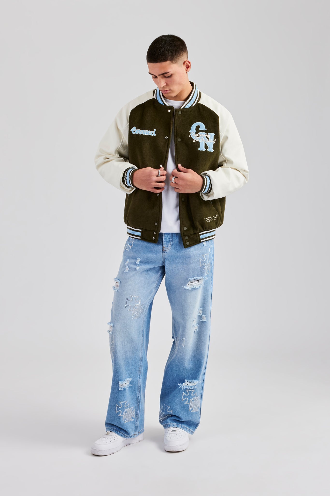 Rhinestone Motif Baggy Jean - Mid Blue | Mens Denim | Shop