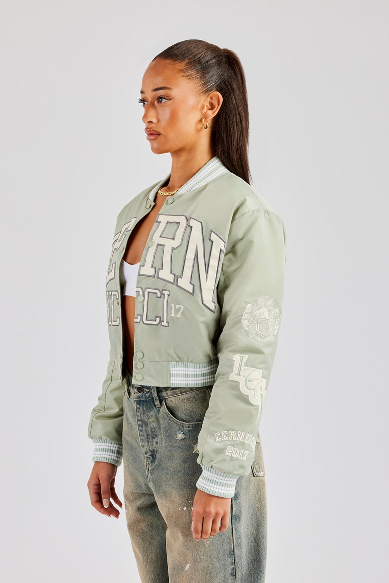 Oversized 17 Nylon Applique Badge Bomber - Sage