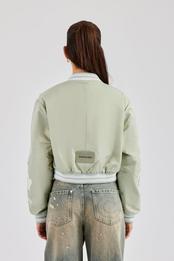 Oversized 17 Nylon Applique Badge Bomber - Sage