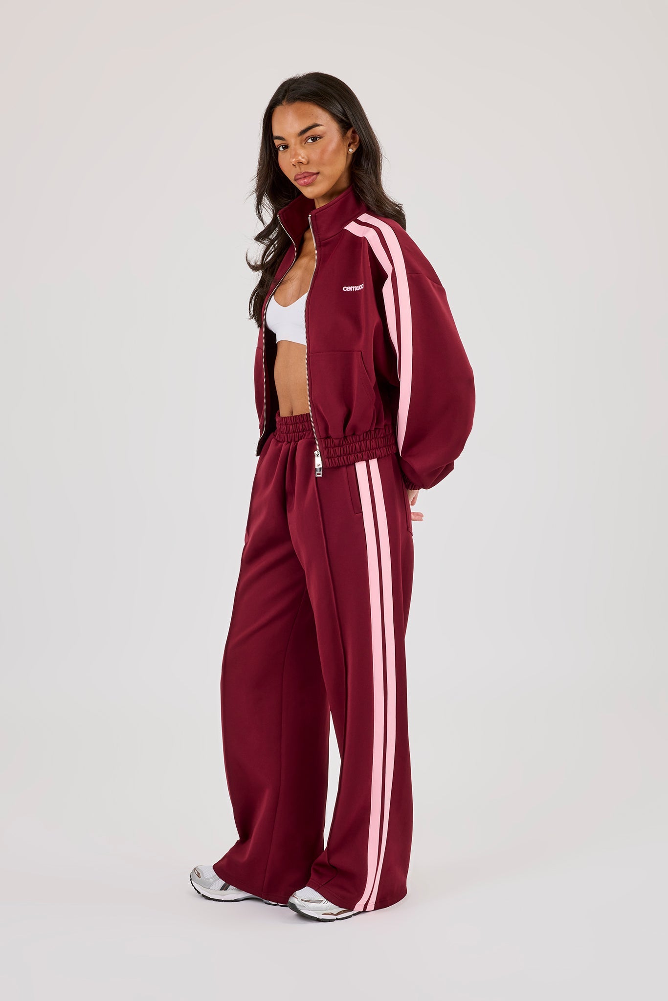 Pink Taping Cropped Funnel Neck Jacket & Wide Leg Track Pant - Burgundy
