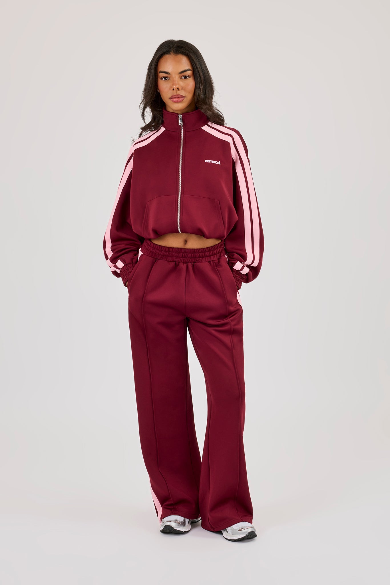 Pink Taping Cropped Funnel Neck Jacket - Burgundy