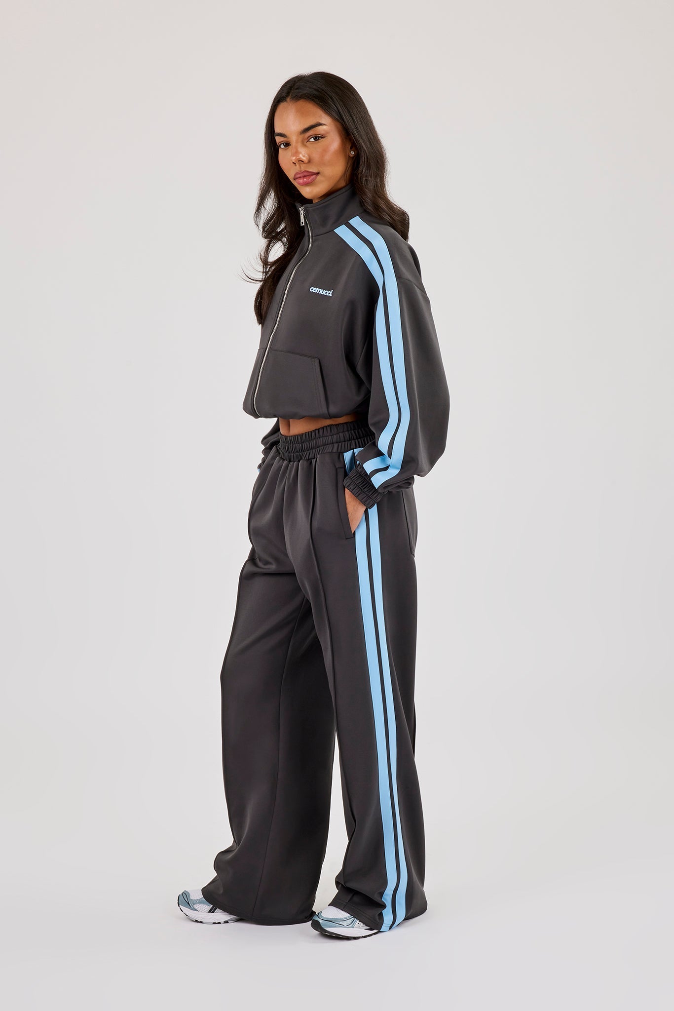 Blue Taping Cropped Funnel Neck Jacket & Wide Leg Track Pant - Charcoal