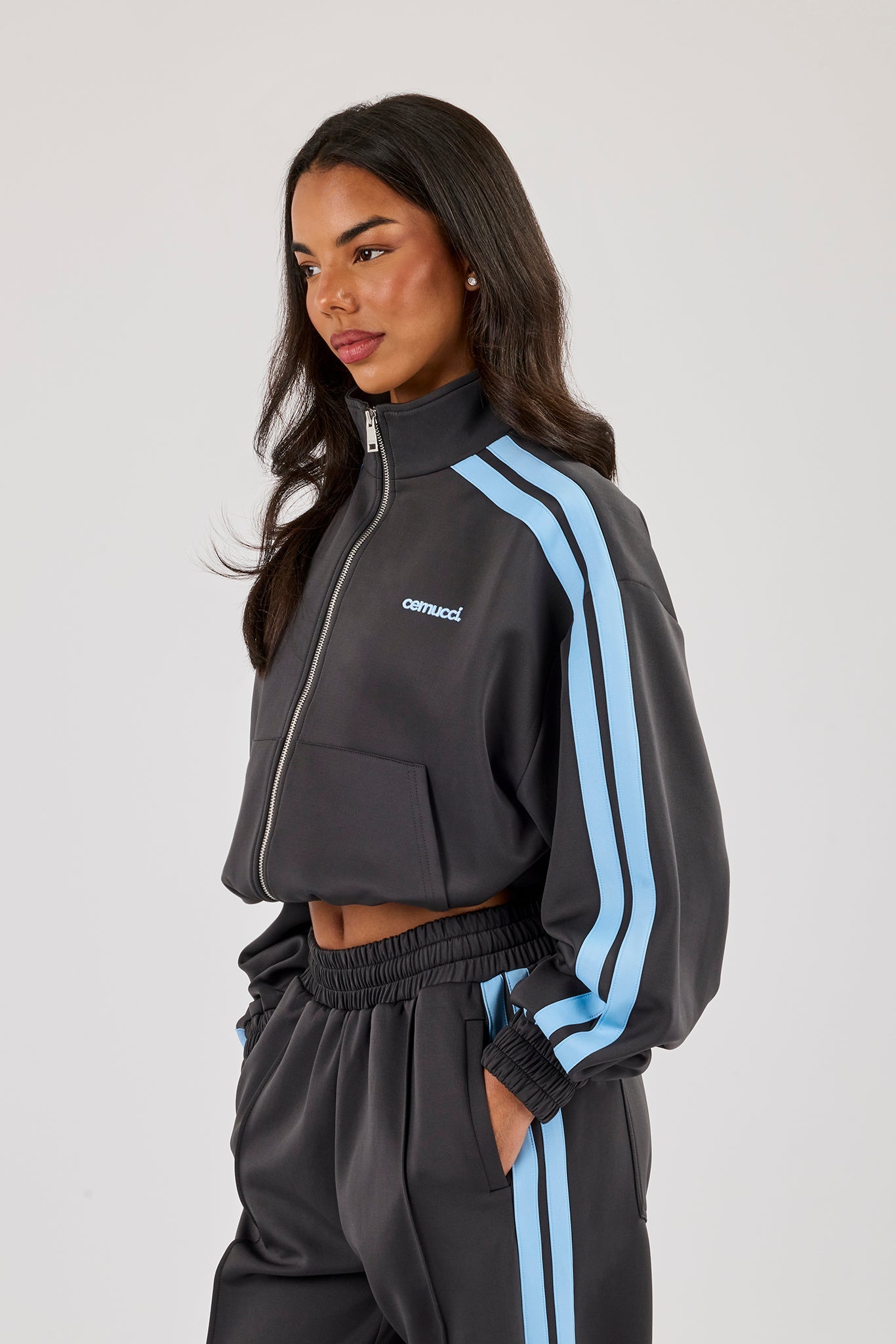 Blue Taping Cropped Funnel Neck Jacket - Charcoal