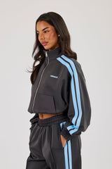 Blue Taping Cropped Funnel Neck Jacket - Charcoal