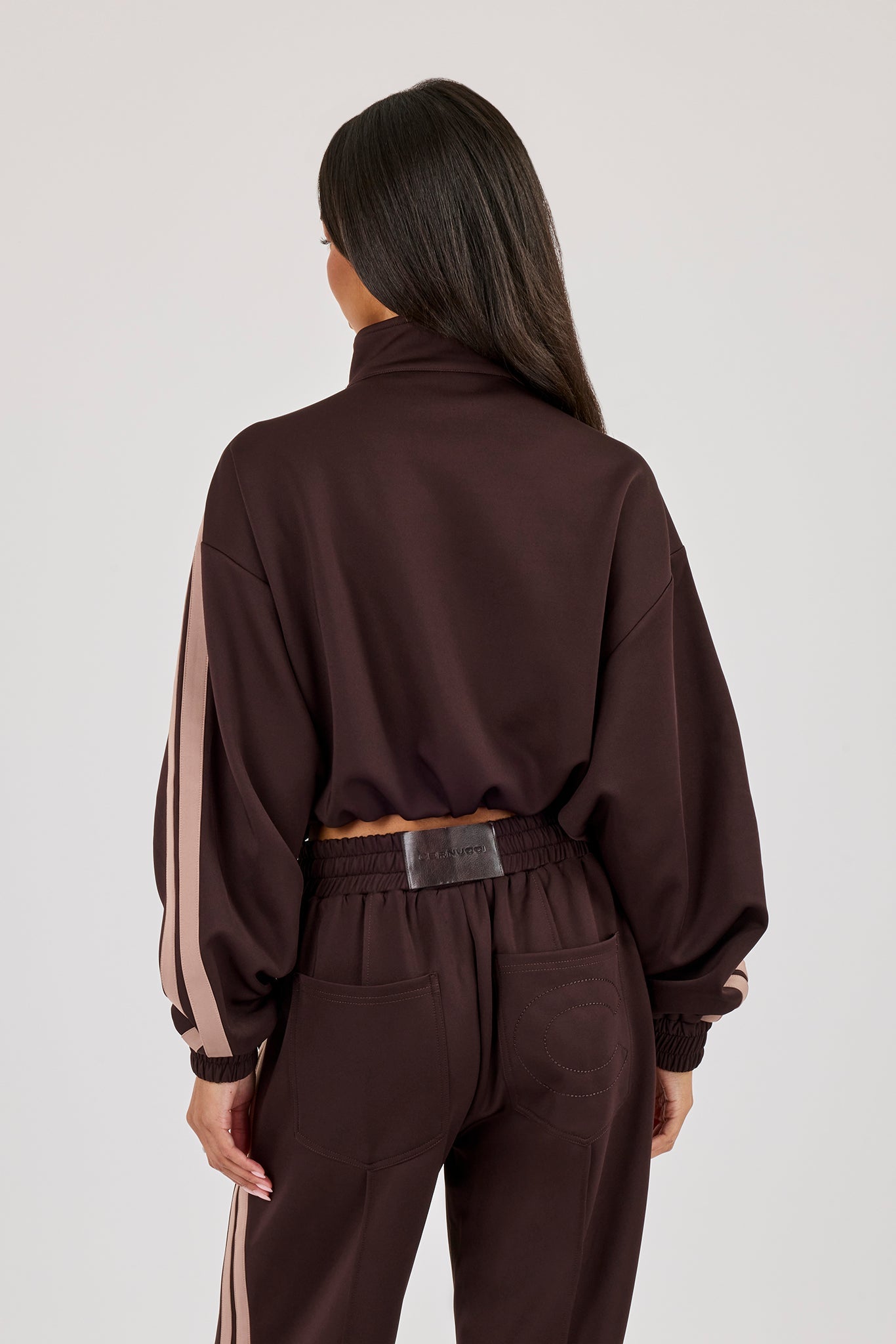 Mocha Taping Cropped Funnel Neck Jacket - Chocolate