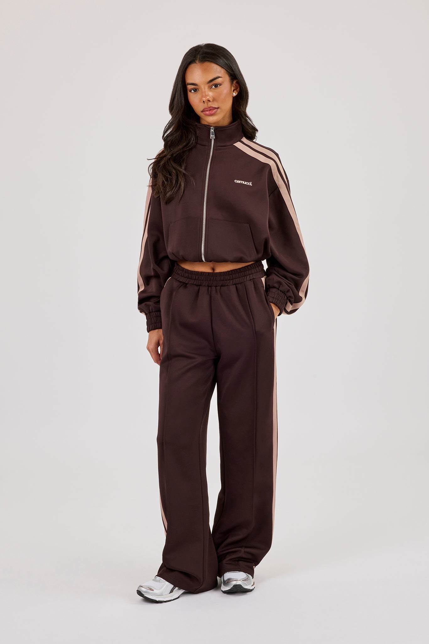 Mocha Taping Cropped Funnel Neck Jacket & Wide Leg Track Pant- Chocolate