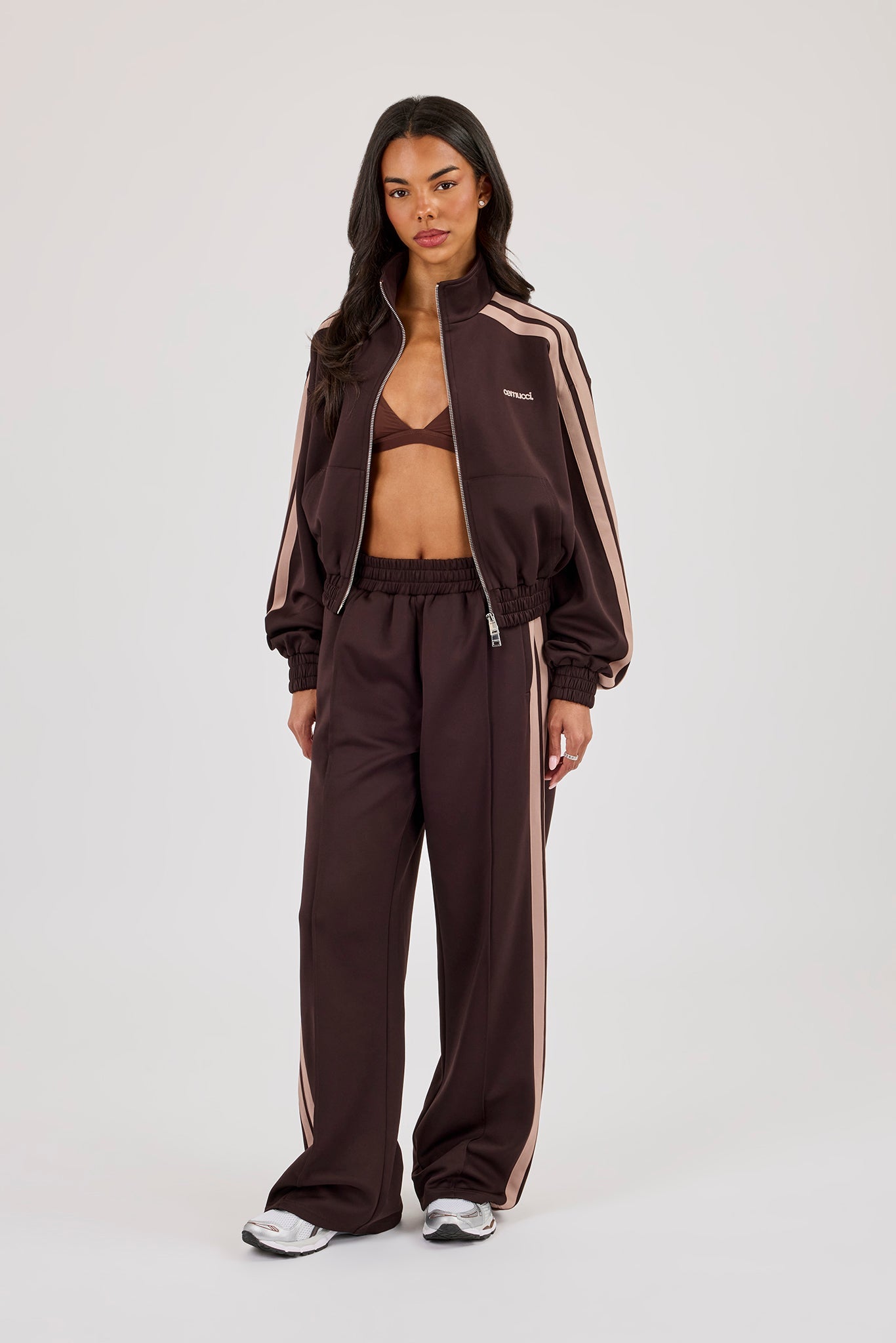 Mocha Taping Cropped Funnel Neck Jacket & Wide Leg Track Pant- Chocolate
