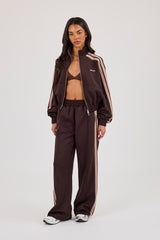 Mocha Taping Cropped Funnel Neck Jacket & Wide Leg Track Pant- Chocolate