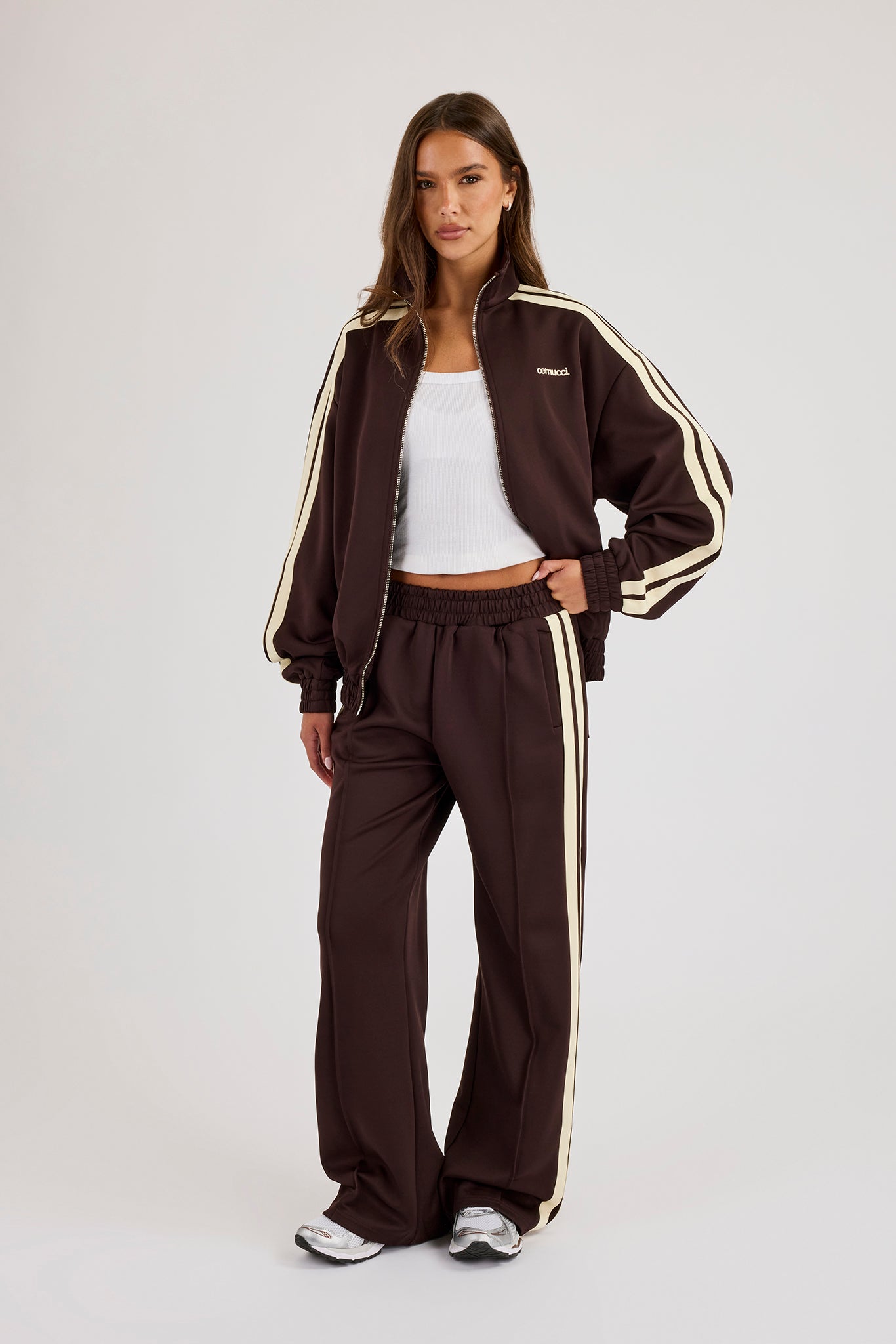Logo Embroidered Funnel Neck Zip Through Track Jacket  Chocolate