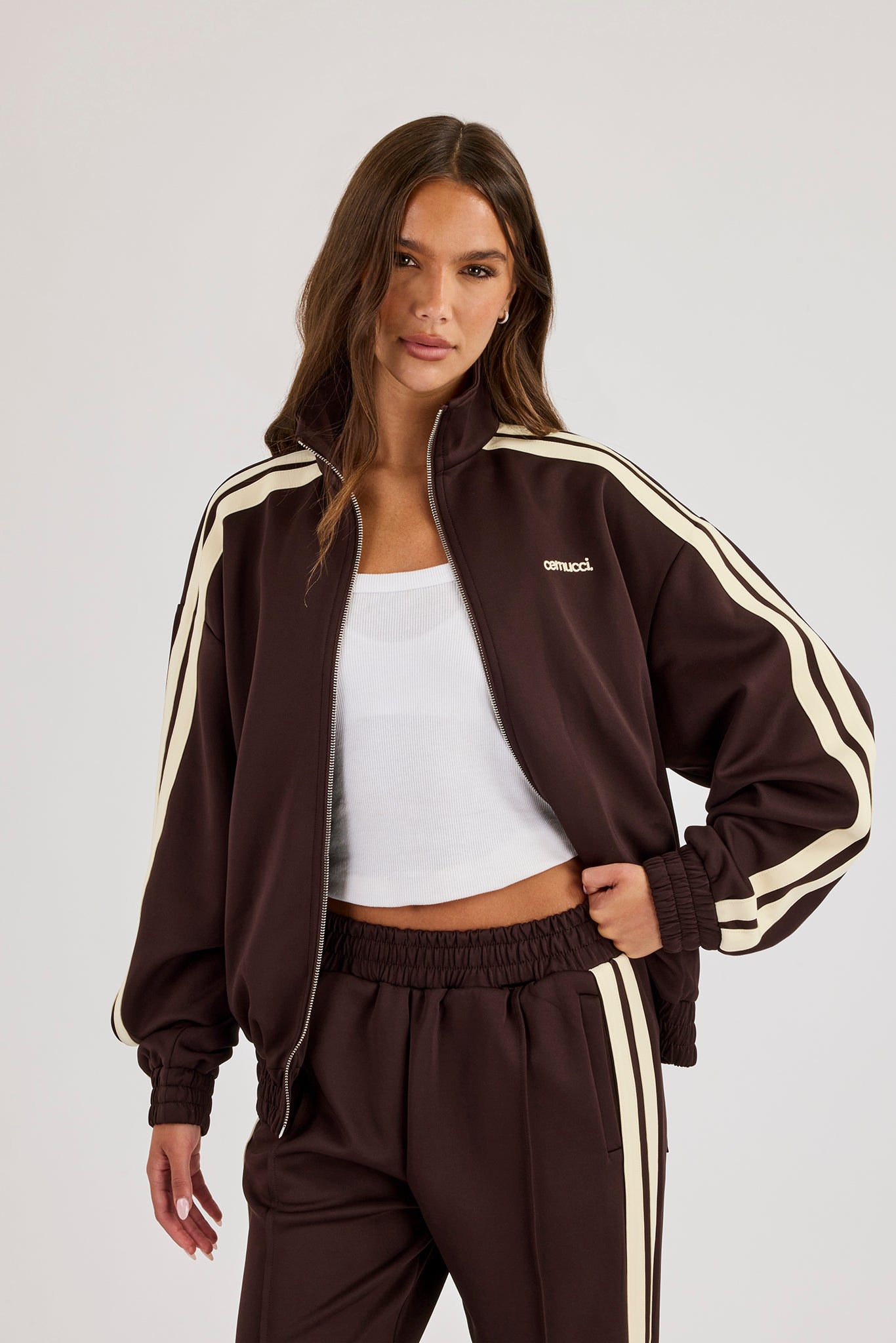 Logo Embroidered Funnel Neck Zip Through Track Jacket  Chocolate