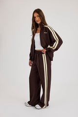 Logo Embroidered Funnel Neck Zip Through Track Jacket & Butter Yellow Taping Wide Leg Track Pants - Chocolate