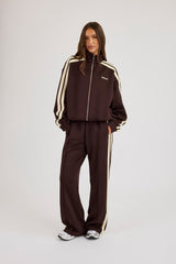 Logo Embroidered Funnel Neck Zip Through Track Jacket & Butter Yellow Taping Wide Leg Track Pants - Chocolate