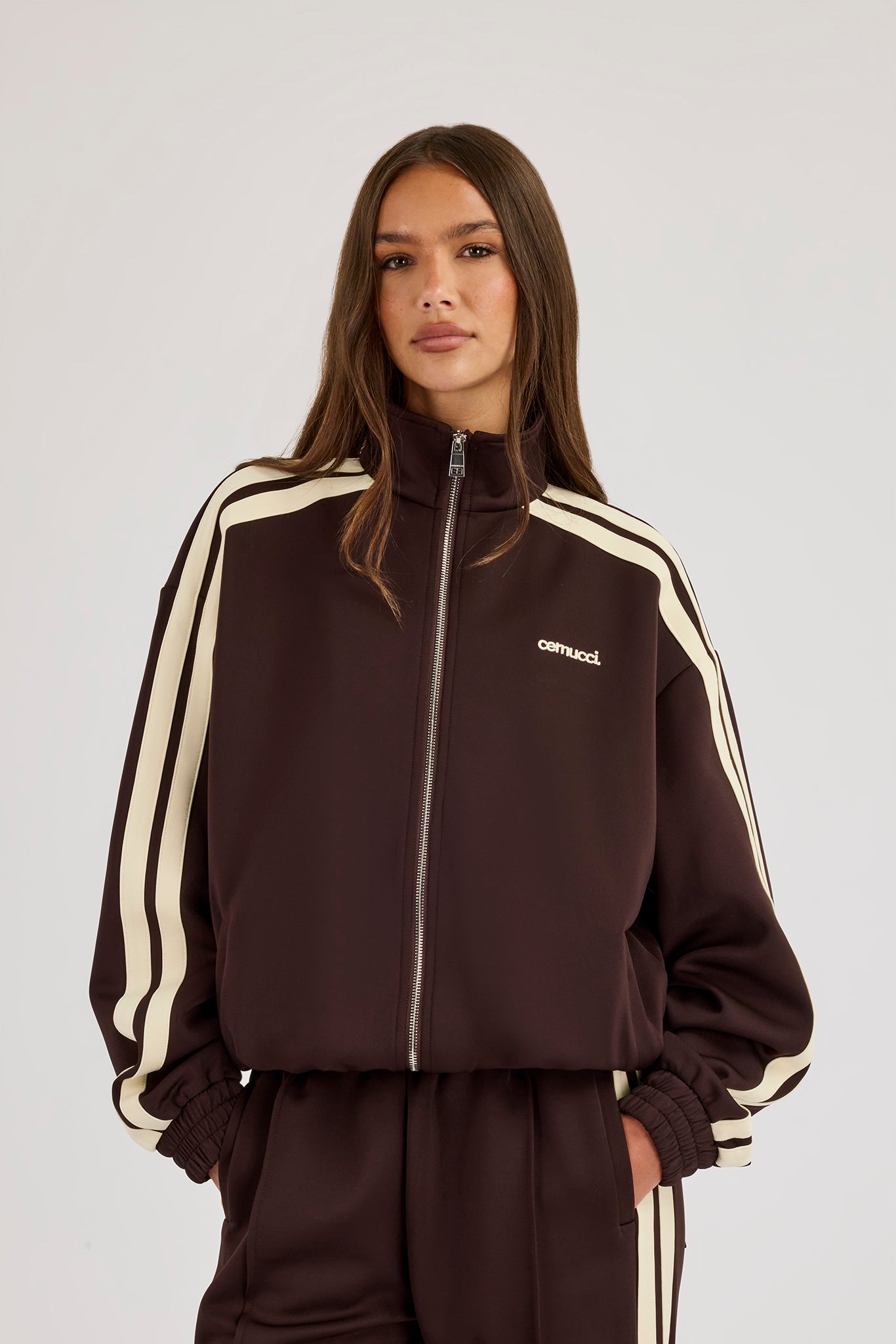 Logo Embroidered Funnel Neck Zip Through Track Jacket  Chocolate