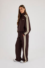 Logo Embroidered Funnel Neck Zip Through Track Jacket & Butter Yellow Taping Wide Leg Track Pants - Chocolate