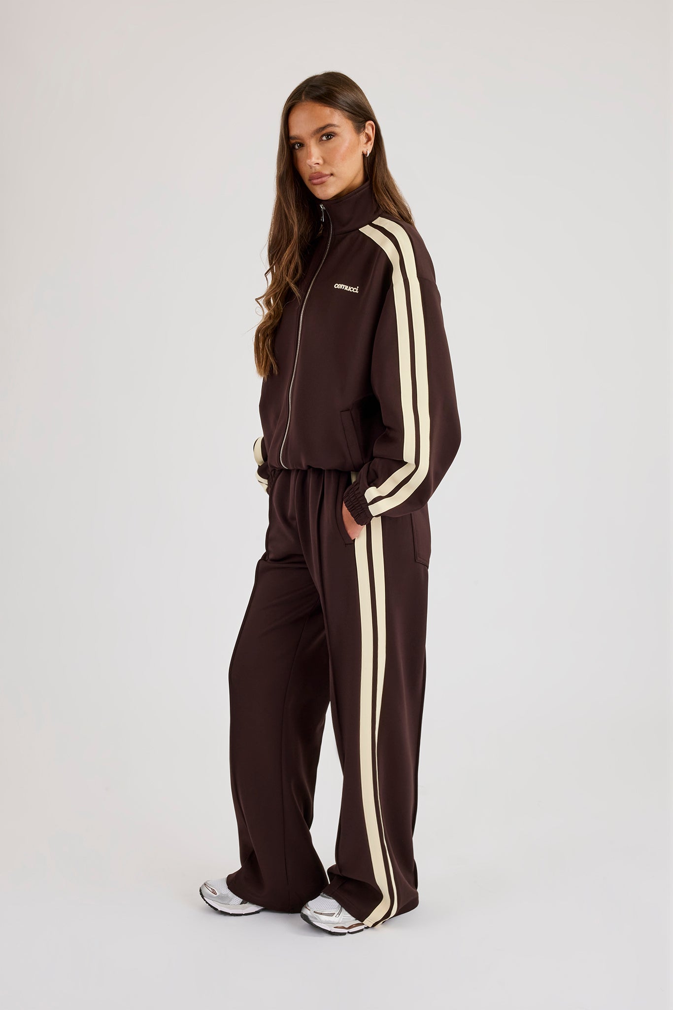 Logo Embroidered Funnel Neck Zip Through Track Jacket  Chocolate