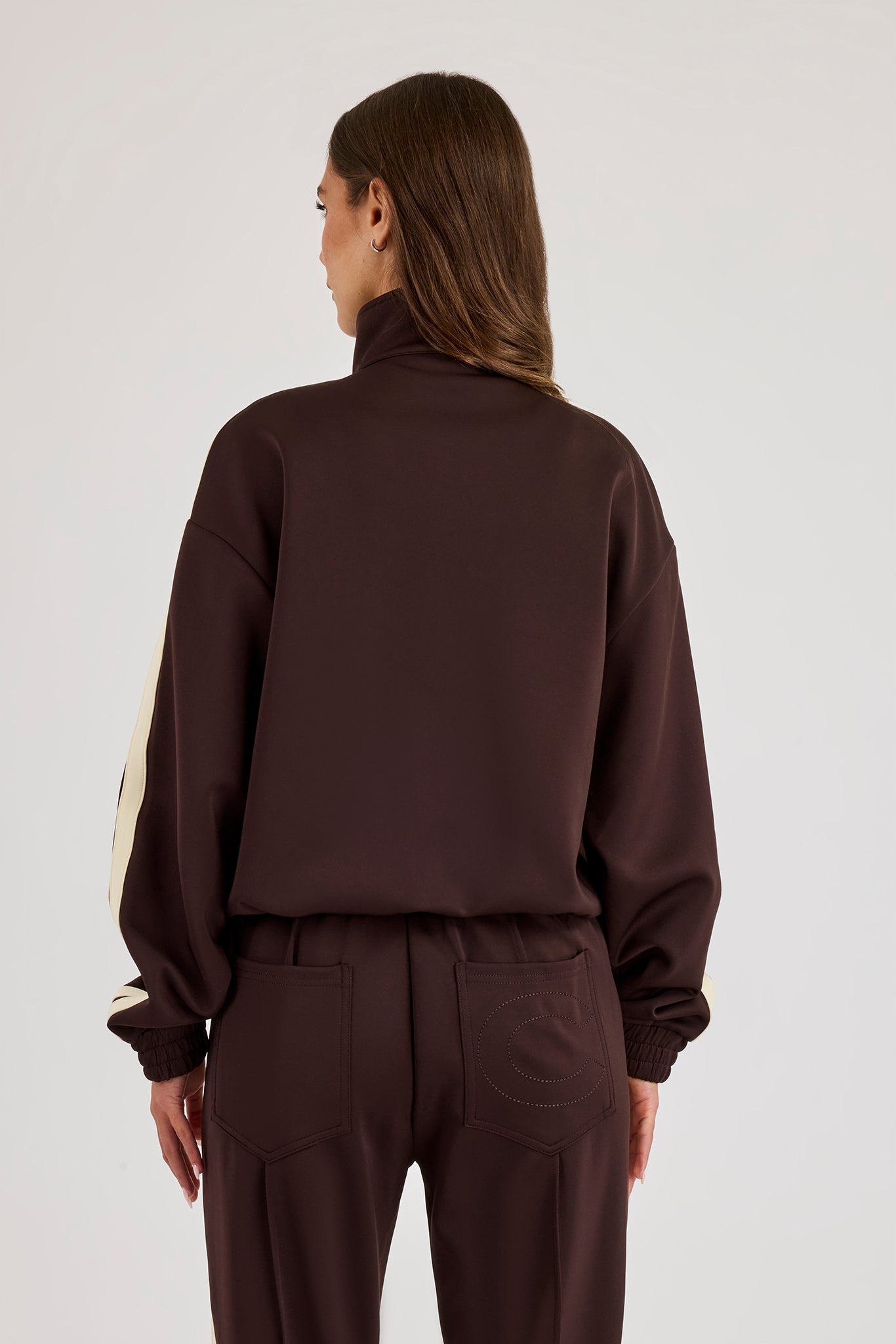 Logo Embroidered Funnel Neck Zip Through Track Jacket  Chocolate