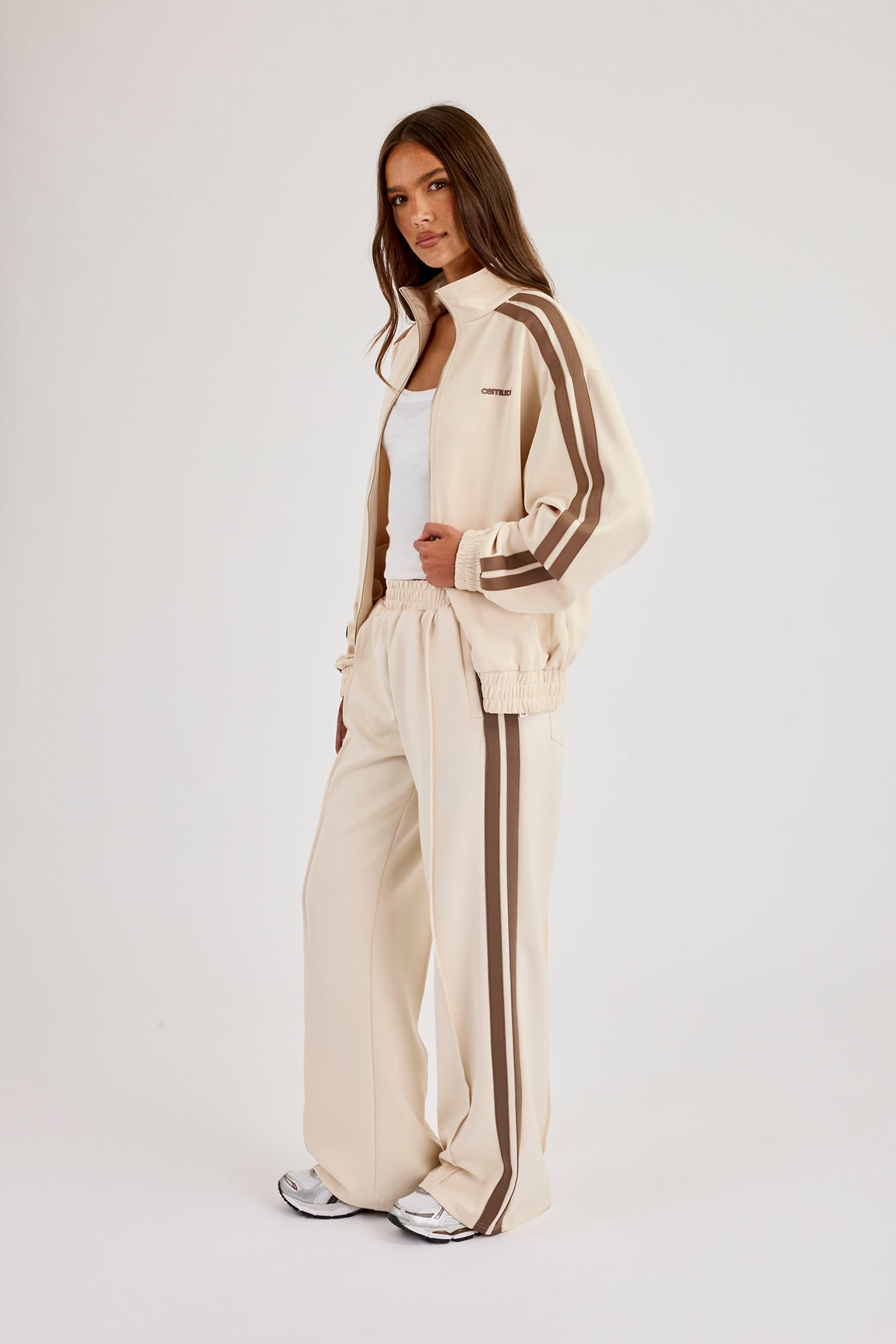 Logo Embroidered Funnel Neck Zip Through Track Jacket & Taupe Taping Wide Leg Track Pants - Off White