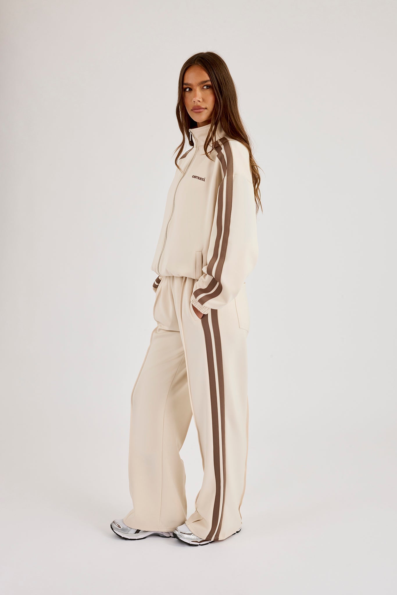 Logo Embroidered Funnel Neck Zip Through Track Jacket & Taupe Taping Wide Leg Track Pants - Off White