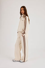 Logo Embroidered Funnel Neck Zip Through Track Jacket & Taupe Taping Wide Leg Track Pants - Off White