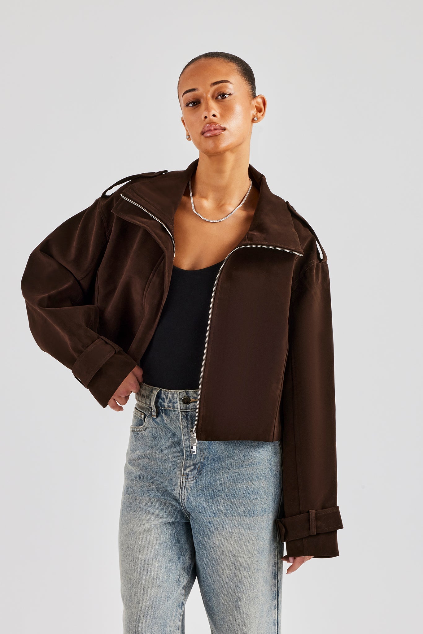 Ladies Faux Suede Cropped Trench Coat - Chocolate | Womens