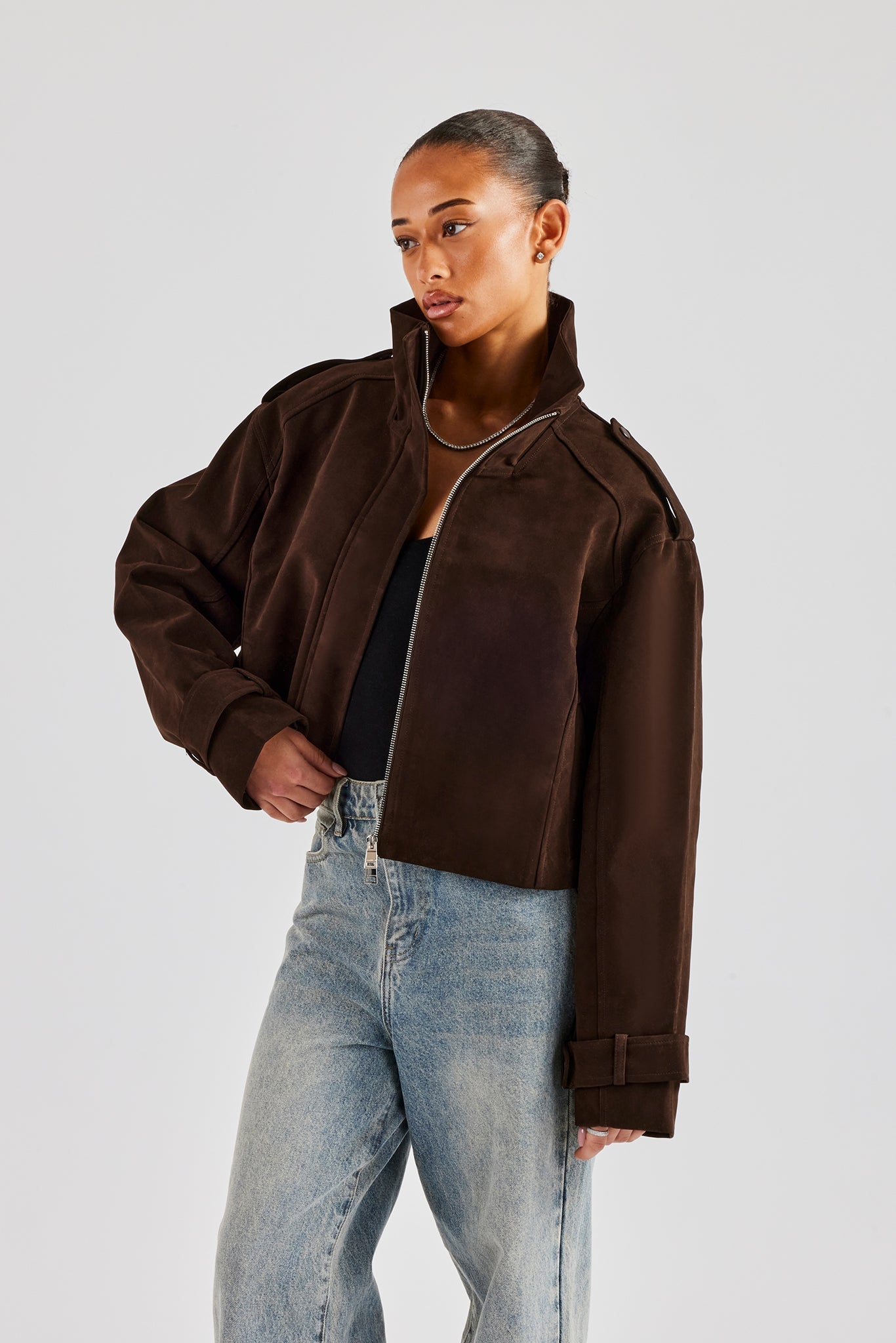 Ladies Faux Suede Cropped Trench Coat - Chocolate | Womens