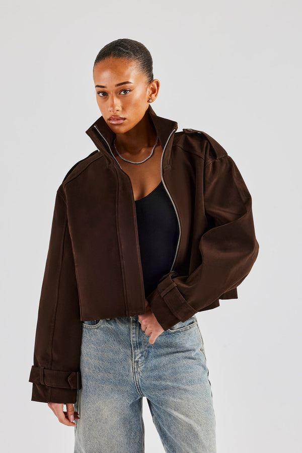 Ladies Faux Suede Cropped Trench Coat - Chocolate