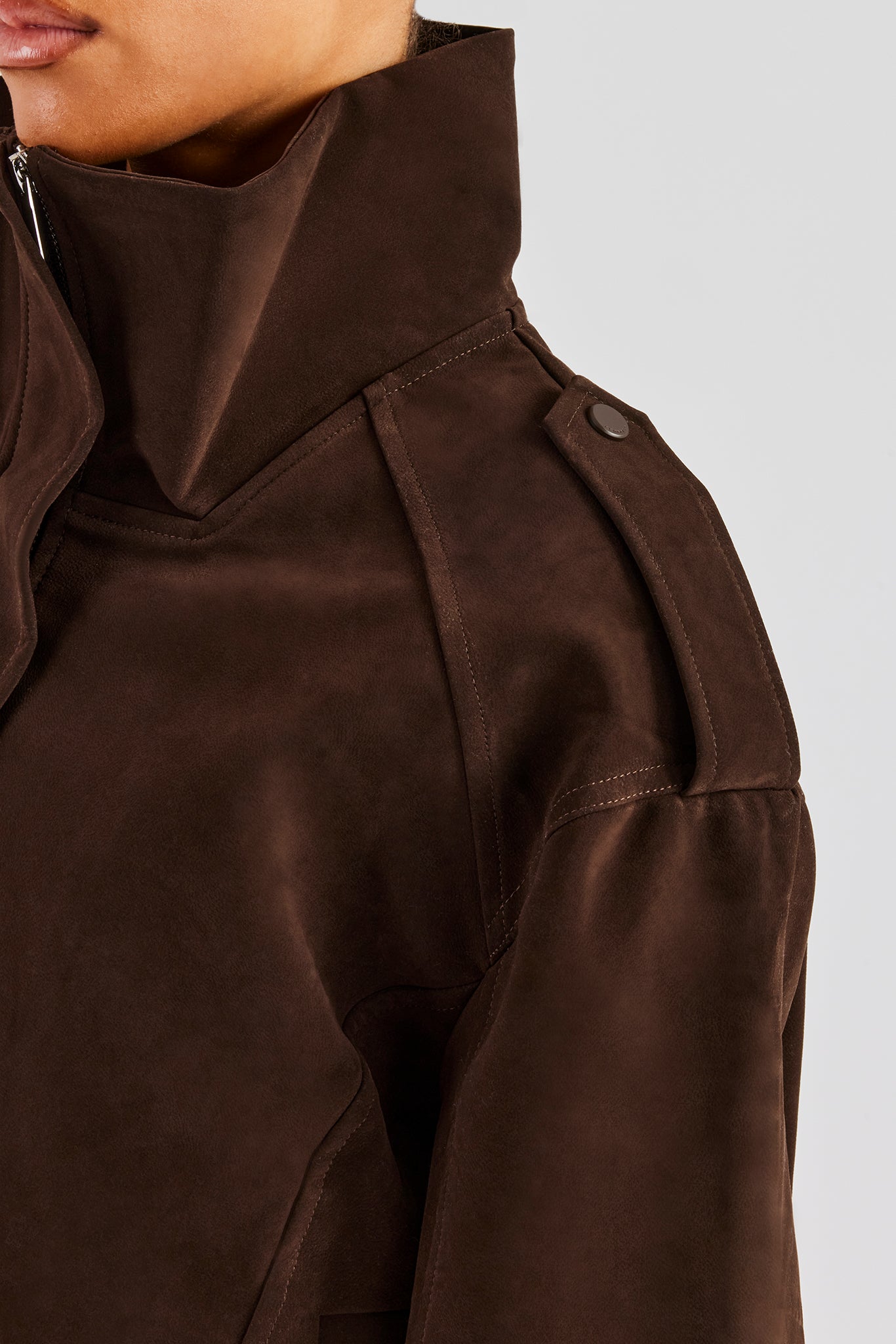 Ladies Faux Suede Cropped Trench Coat - Chocolate | Womens