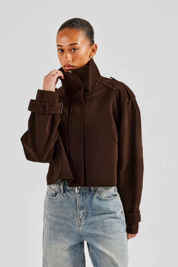 Ladies Faux Suede Cropped Trench Coat - Chocolate