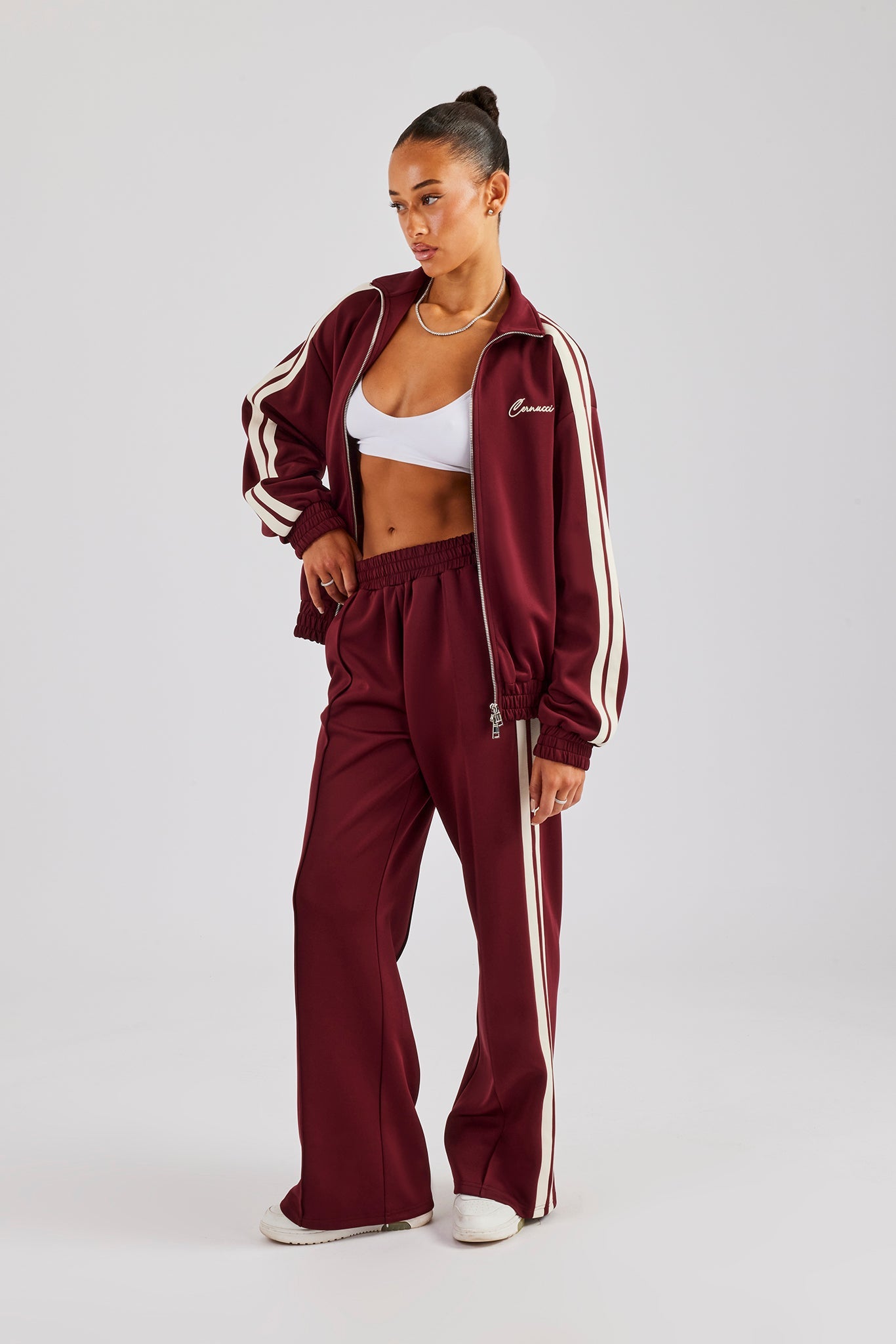 Funnel Neck Taping Zip Through Track Jacket - Burgundy | Womens