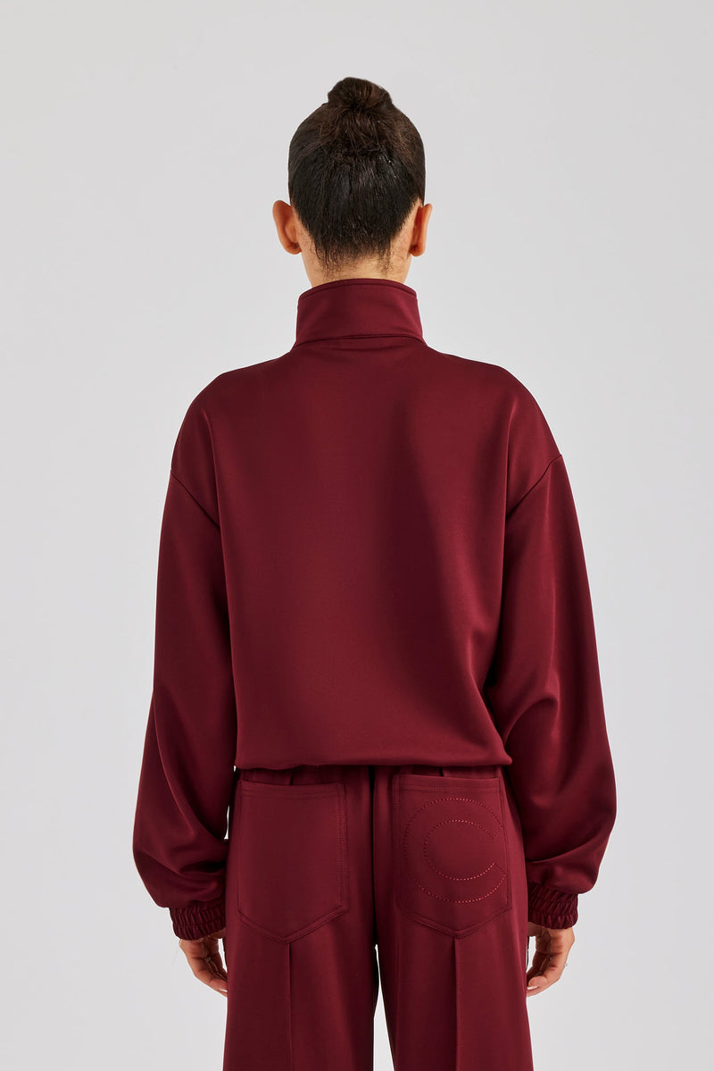 Funnel Neck Taping Zip Through Track Jacket - Burgundy