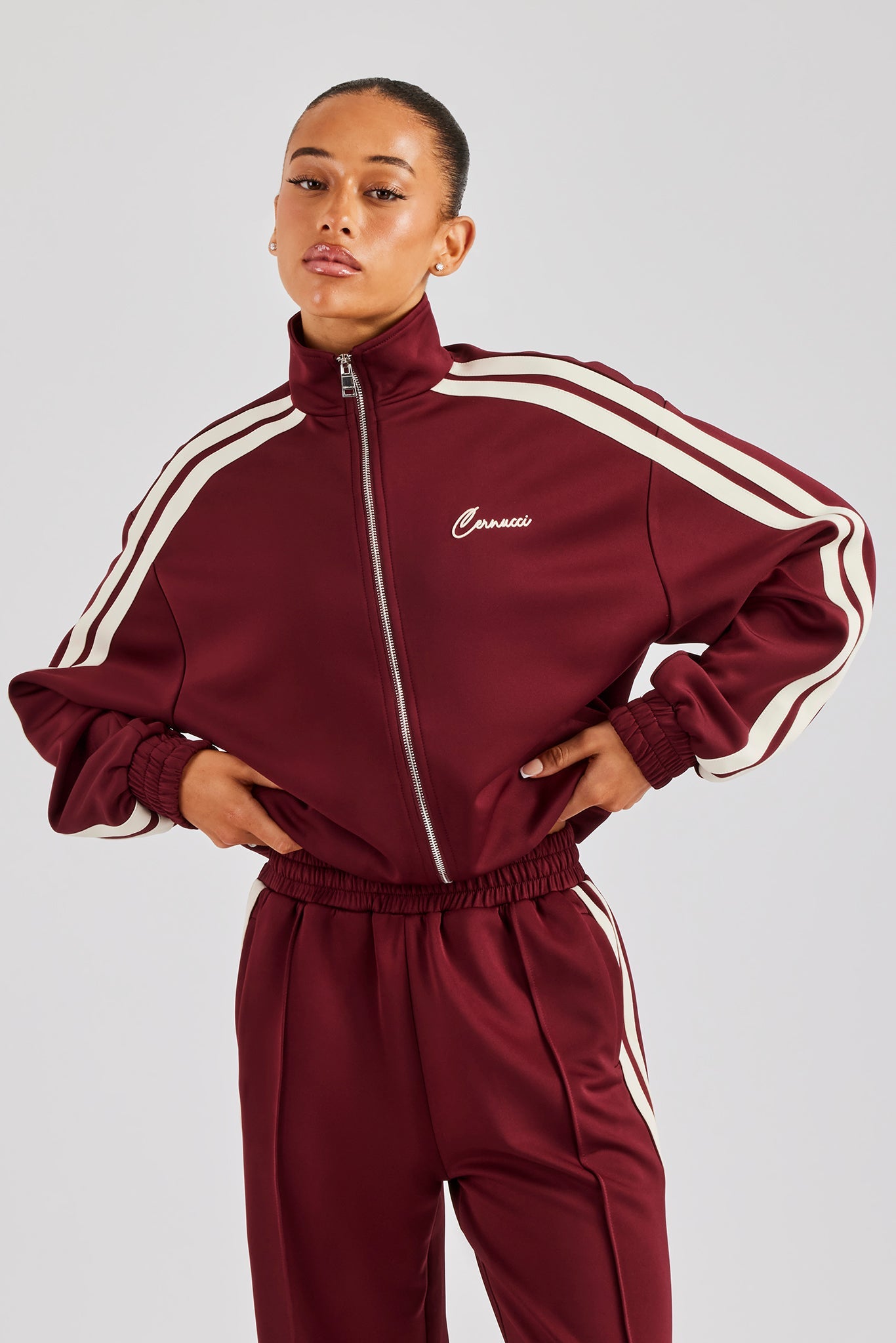Funnel Neck Taping Zip Through Track Jacket - Burgundy | Womens